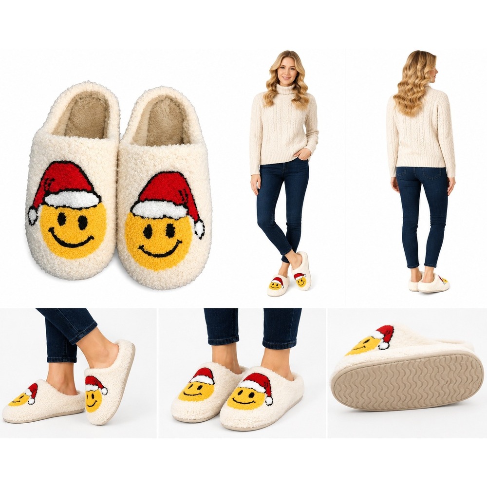 Smiley Face Santa Slippers 9.5 Cream Sherpa‎ Cozy Christmas Holiday Rubber Sole